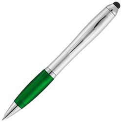 Obrázky: Strieborné plastové pero a stylus, zelený úchop