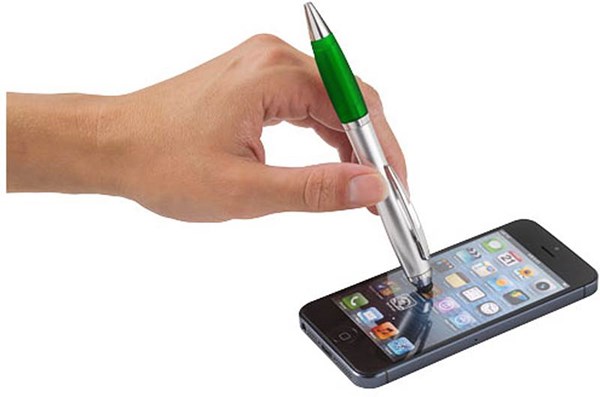 Obrázky: Strieborné plastové pero a stylus, zelený úchop, Obrázok 2