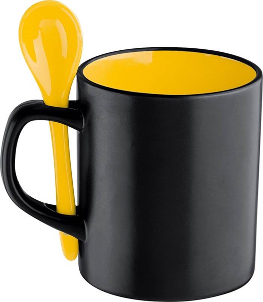 Obrázky: Čierny porcelánový hrnček so žltou lyžičkou