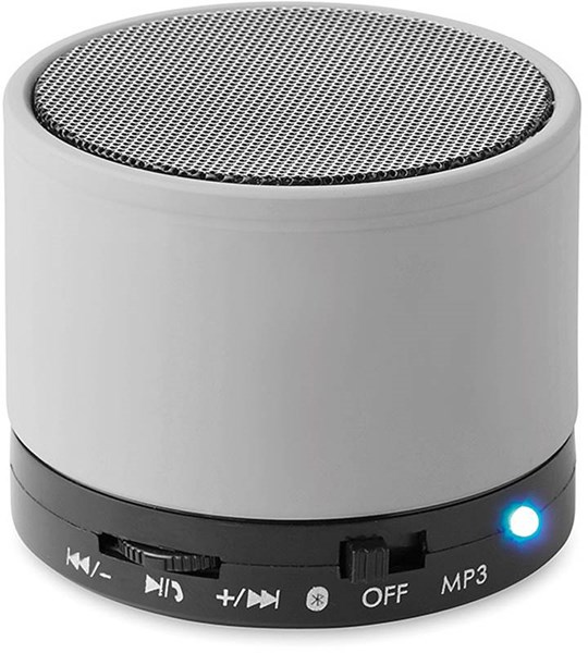 Obrázky: Strieborný valcový bluetooth reproduktor