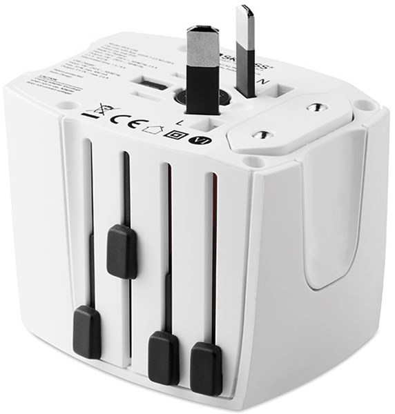 Obrázky: Biely cestovný zásuvkový adaptér s USB nabíjačkou, Obrázok 2
