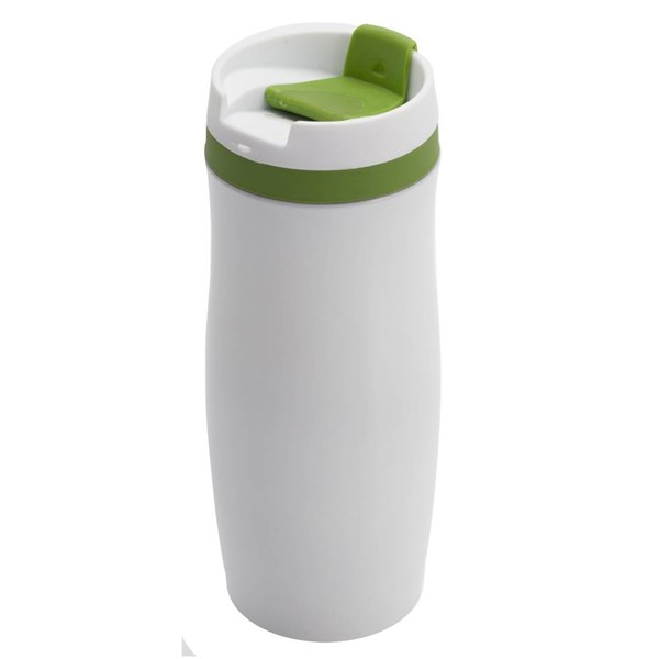 Obrázky: Biely nerezový termohrnček 400 ml, zelené doplnky