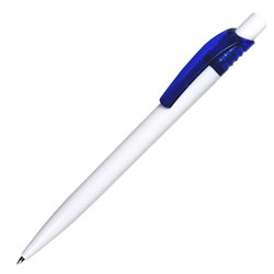 Obrázky: Biele úzke plast. guličkové pero, modrý klip