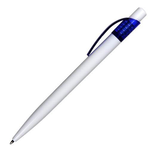 Obrázky: Biele úzke plast. guličkové pero, modrý klip, Obrázok 2