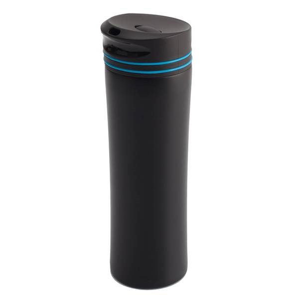 Obrázky: Čierny termohrnček 450 ml s modrým pásikom