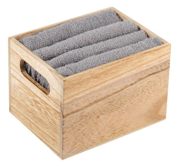 Obrázky: Sada štyroch šedých uterákov v drevenej krabičke