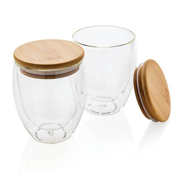 Obrázky: Sada 2 pohárov zo skla s bambusovým viečkom 250ml