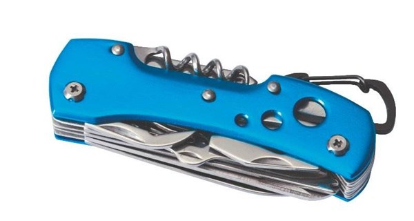 Obrázky: Modrý kovový vreckový nôž s 12 funkciami,karabína