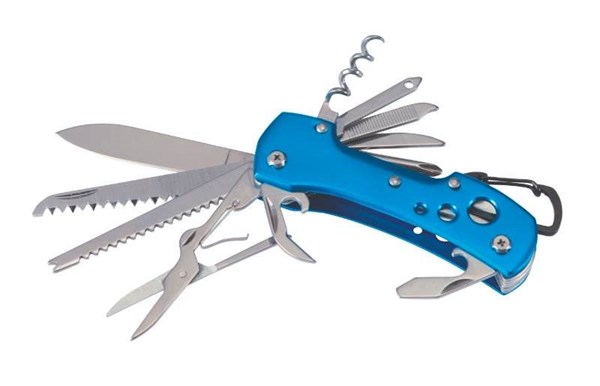 Obrázky: Modrý kovový vreckový nôž s 12 funkciami,karabína, Obrázok 2