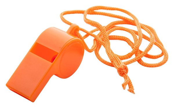 Obrázky: Oranžová plastová píšťalka so šnúrkou vo farbe, Obrázok 2