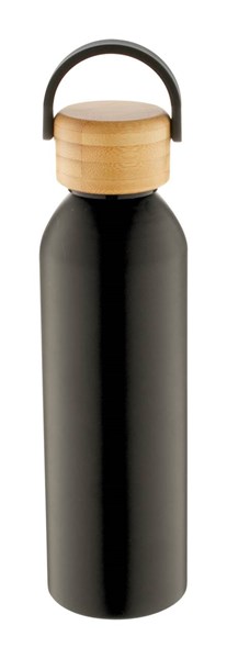 Obrázky: Čierna hliníková šport. fľaša,bambus.viečko,600 ml
