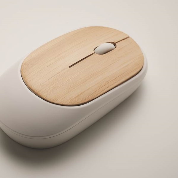 Obrázky: Biela bezdrôtová myš z ABS s bambus. povrchom, Obrázok 4
