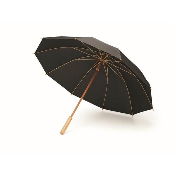 Obrázky: Čierny vetru odolný RPET dáždnik s bamb. rukoväťou, Obrázok 1