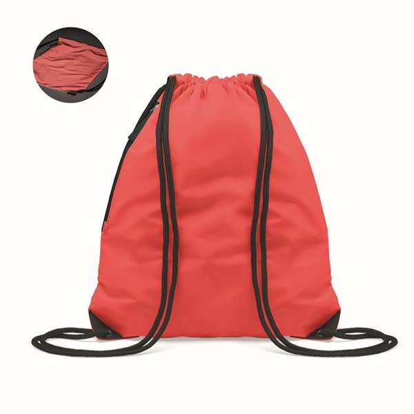 Obrázky: Červený lesklý sťahovací ruksak, bočné vrecko