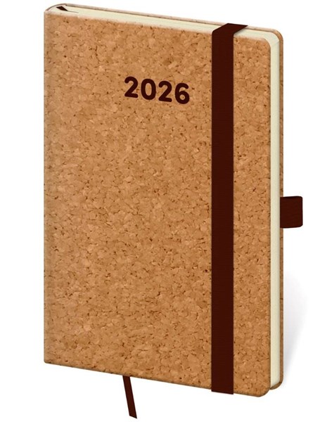 Obrázky: KORK 2026, vreckový korkový diár, gumička+pútko