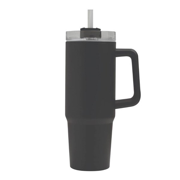 Obrázky: Čierny dvojstenný termohrnček 900ml,slamka a ucho