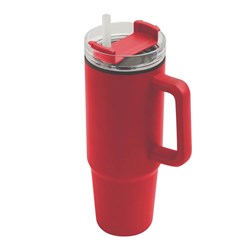 Obrázky: Červený dvojstenný termohrnček 900ml,slamka a ucho