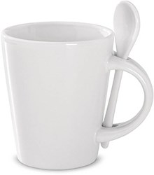 Zobrazit detaily pro Biely kónický kameninový hrnček s lyžičkou Obrázky: Biely kónický kameninový hrnček s lyžičkou