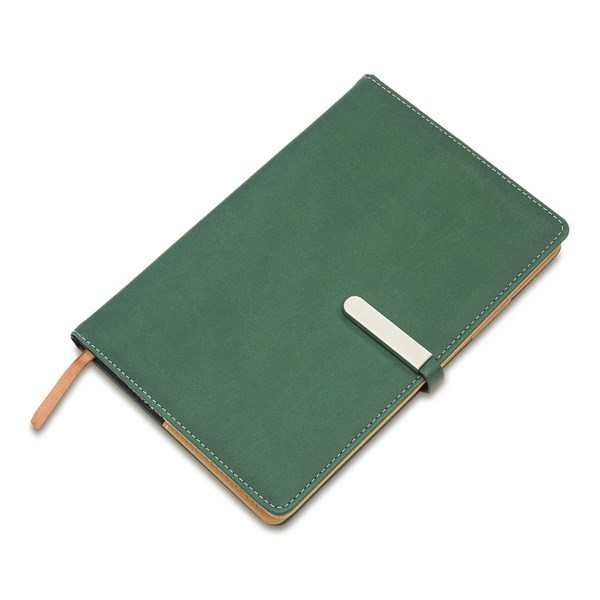 Obrázky: Zelený linajkový zápisník z PU s magnet. sponou